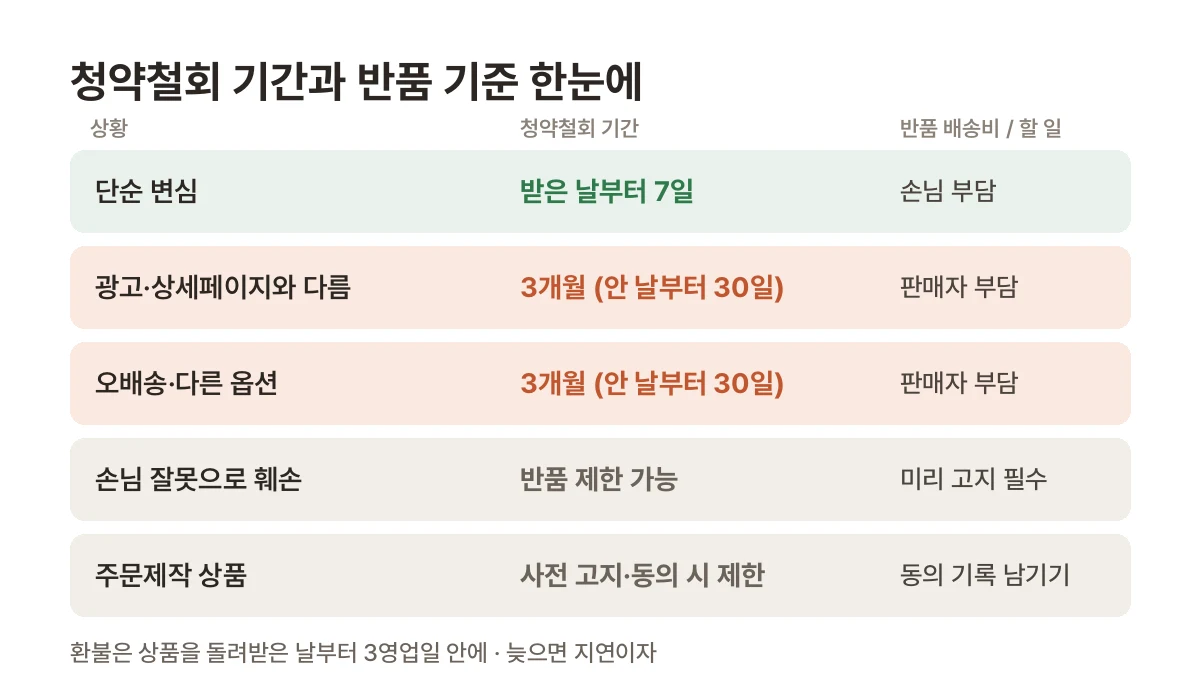 청약철회 기간과 반품 기준 한눈에 보는 표